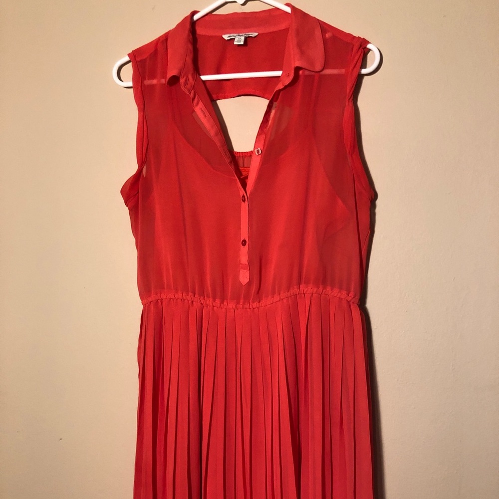 Coral, sleeveless, pleated, sheer summer dress